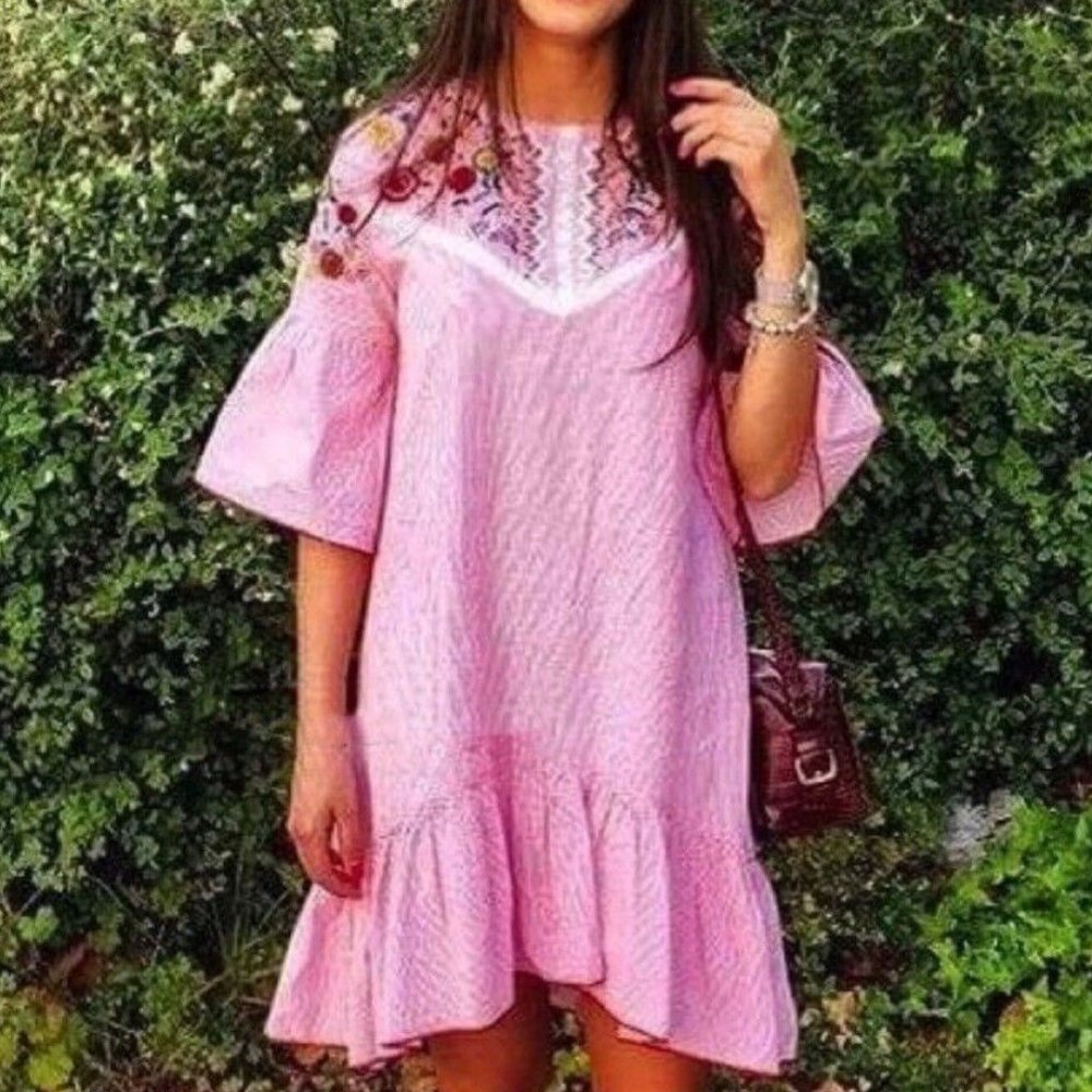 NWT_ZARA EMBROIDERED STRIPED DRESS RED WHITE 032